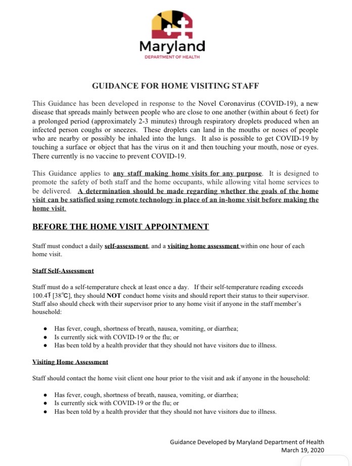 State of Maryland Department of Health Guidance For Home Visitng Staff